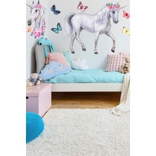 Mediterian Rüya Temalı Çok Renkli Kız Çocuk Odası Duvar Stickerleri, Unicorn ve Kelebek Desenli, 5+ Parça