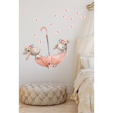 Mediterian Pembe Şemsiyeli Sevimli Tavşanlar Duvar Sticker Seti