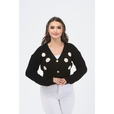 Çiçek Desenli V Yaka Crop Hırka