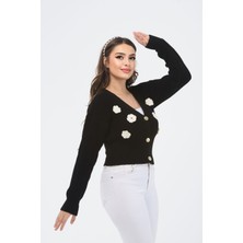 Çiçek Desenli V Yaka Crop Hırka
