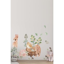 Mediterian Safari Dünyası Yavru Tavşancıklar Kuşlar Yapraklar ve Çiçekler Çocuk Odası Duvar Sticker