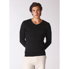 Fabrika V Yaka Basic Düz Siyah Erkek Kazak F4WM-KZK 2842