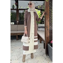 Imge Çizgili Triko Hırka Sütlü Kahve