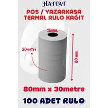 Hattat 100 Adet Rulo 80mmx30m Pos Ve Yazar Kasa Termal Rulo Yüksek Kaliteli Dayanıklı Tam Metraj Net Baskı