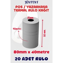 Hattat 20 Adet Rulo 80mmx40m Pos Ve Yazar Kasa Termal Rulo Yüksek Kaliteli Dayanıklı Tam Metraj Net Baskı