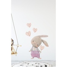 Mediterian Sevimli Kalpli Tavşan Pembe Tulumlu Renkli Duvar Sticker Seti, neşe ve sevgi dolu dekorasyon!