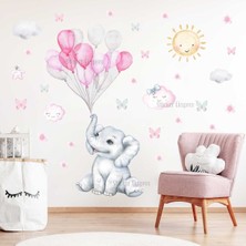 Mediterian Pembe Gri Balonları Tutan Sevimli Fil Çocuk Odası Duvar Sticker Seti