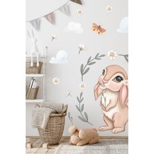 Mediterian Sevimli Tavşan ve Papatya Çocuk Odası Duvar Sticker Seti, Renkli ve Eğlenceli Dekorasyon