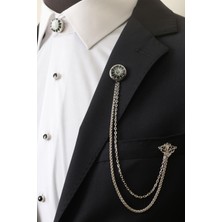 Esgue Gümüş Renk Desenli Zincirli Ceket Yaka & Gömlek Düğme Broşu