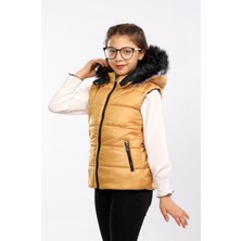 Kürk Kapüşonlu Çocuk Şişme Yelek Hardal AVM07273