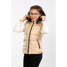 Kürk Kapüşonlu Çocuk Şişme Yelek Bej AVM07273