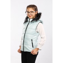 Kürk Kapüşonlu Çocuk Şişme Yelek Turkuaz AVM07273