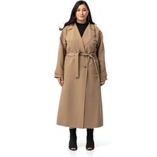 Büyük Beden Mono Yaka Kruvaze Kapamalı Yırtmaçlı Astarlı Uzun Vizon Trençkot