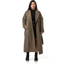 Disentis Modest Büyük Beden Mono Yaka Kruvaze Kapamalı Yırtmaçlı Astarlı Uzun Haki Trençkot