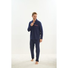 Erkek Uzun Kol Gömlek Yaka Önden Düğmeli Lacivert Pijama Takım C0T1N5O9