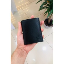 Derius John Siyah Dikey Model  Deri Kişiye Özel Isim Baskılı Erkek Cüzdanı(2 Şeffaf Bölmeli)