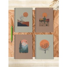 4'lü Spiralli Okul Defteri 60 Yaprak 4'lü Set - A5 Boy Çizgili 15 x 21 cm Soyut Baskı Set Defter