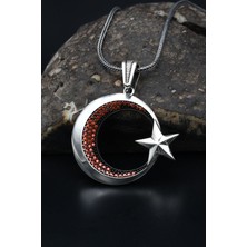 Prestige Gümüş Ay Yıldızlı (Ayyıldızlı) Kırmızı Zirkon Taş Süslemeli 925 Ayar Gümüş Kolye Zincir 901109