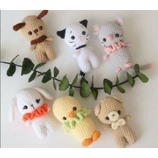 Design By Oykum 6'lı Organik Amigurumi Hayvan Oyuncaklar(Kedi,fare,köpek,ördek,tavşan,ayıcık)