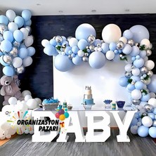 Balon Seti Makaron Mavi-Krom Gümüş-Beyaz 100 lü Balon Zinciri Seti