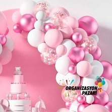 Balon Seti Makaron Pembe-Krom Pembe-Pastel Beyaz 60 Lı Balon Zinciri Seti