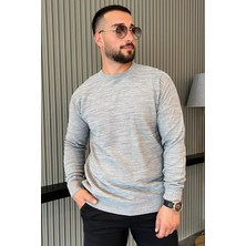 Gri Erkek Bisiklet Yaka Çizgi Desenli Triko Kazak P-00005041