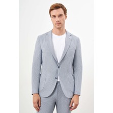 Morven  Erkek A. Mavi Poliviskon Trend Çizgili Desen Slim Fit Mono Yaka Takım Elbise