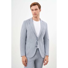Morven  Erkek A. Mavi Poliviskon Trend Çizgili Desen Slim Fit Mono Yaka Takım Elbise