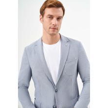 Morven  Erkek A. Mavi Poliviskon Trend Çizgili Desen Slim Fit Mono Yaka Takım Elbise