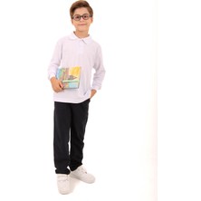 Polo Yaka Erkek Çocuk Uzun Kollu Sweatshirt Beyaz
