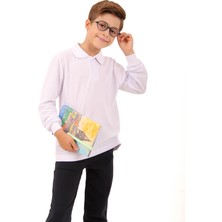 Polo Yaka Erkek Çocuk Uzun Kollu Sweatshirt Beyaz