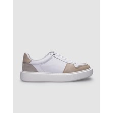 Cabani %100 Hakiki Deri Beyaz - Bej Bağcıklı Erkek Sneaker