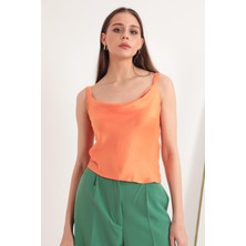 Saten Kumaş Degaje Yaka Kadın  Bluz Oranj