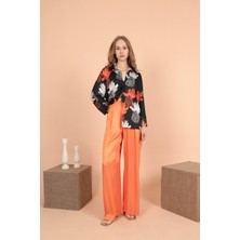 Saten Kumaş Pileli Palazzo Kadın Pantolon Orange