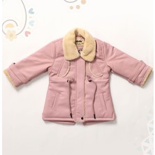 Kız Bebek ve Çocuk Yakası Kürklü Deri Mont PEMBEAVM2104