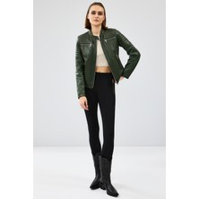 Zoom Kadın Haki Kapüşonlu Kısa Deri Ceket 24WGD5018VE