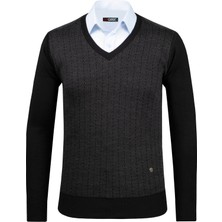 Çizgi Triko Erkek V Yaka Triko Kazak Desenli Kol ve Bel Lastikli Çelik Örgü Klasik Kalıp - 5007D