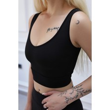 V Yaka Fitilli Crop Büstiyer Siyah
