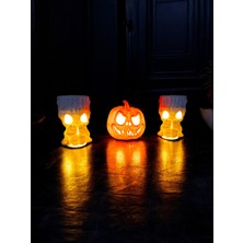 Cadılar Bayramı 3'lü Set - 1 Bal Kabağı ve 2 Mumluk, Halloween Dekor, Tealight Mumluk