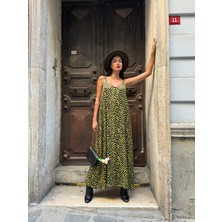 Kadın Yağ Yeşili Floş Saten Baskılı Uzun Elbise 28159