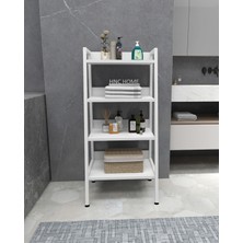 Metal Ahşap Dekoratif Açık Banyo Rafı Konik Banyo Rafı 4 Raflı Beyaz Çok Amaçlı Raf Organizer