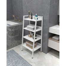 Metal Ahşap Dekoratif Açık Banyo Rafı Konik Banyo Rafı 4 Raflı Beyaz Çok Amaçlı Raf Organizer