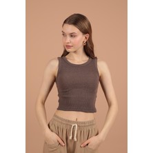 Kaşkorse Kumaş Halter Yaka Kadın Bluz Koyu Kahve