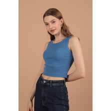 Kaşkorse Kumaş Halter Yaka Kadın Bluz Indigo