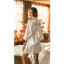 Bride Sabahlık Saten Nakışlı Beyaz Gelin Sabahlığı