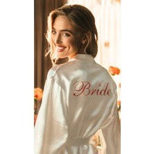 Bride Sabahlık Saten Nakışlı Beyaz Gelin Sabahlığı
