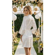 Bride Sabahlık Saten Nakışlı Beyaz Gelin Sabahlığı