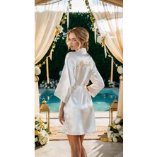 Bride Sabahlık Saten Nakışlı Beyaz Gelin Sabahlığı