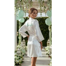Bride Sabahlık Saten Nakışlı Beyaz Gelin Sabahlığı