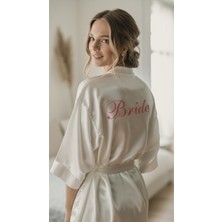 Bride Sabahlık Saten Nakışlı Beyaz Gelin Sabahlığı